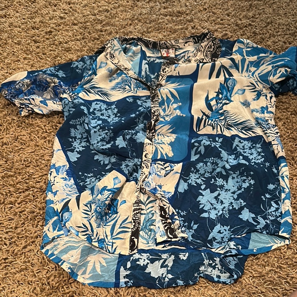 Johnny Was Blue and White Floral Button Down Shirt